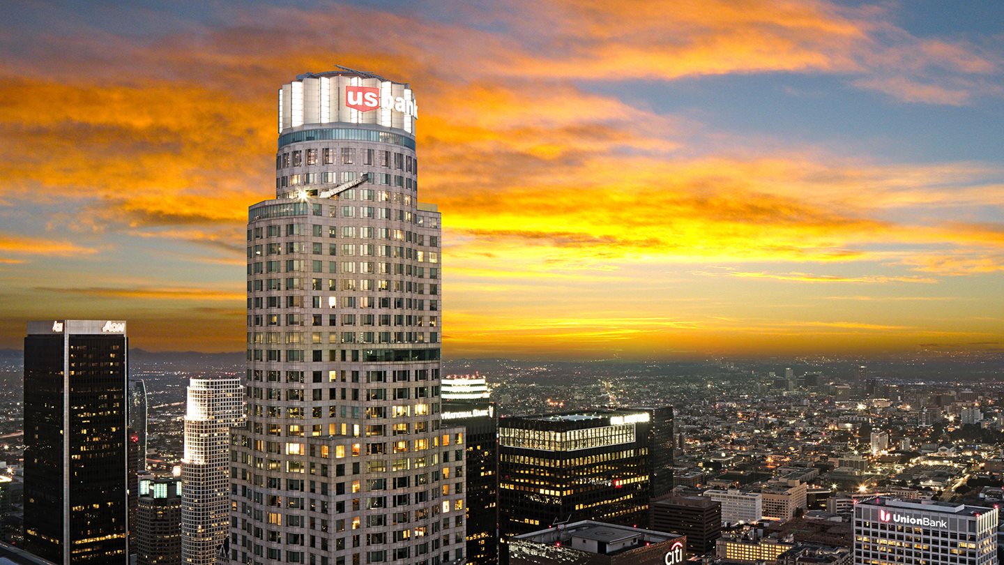 US Bank tower at sunset