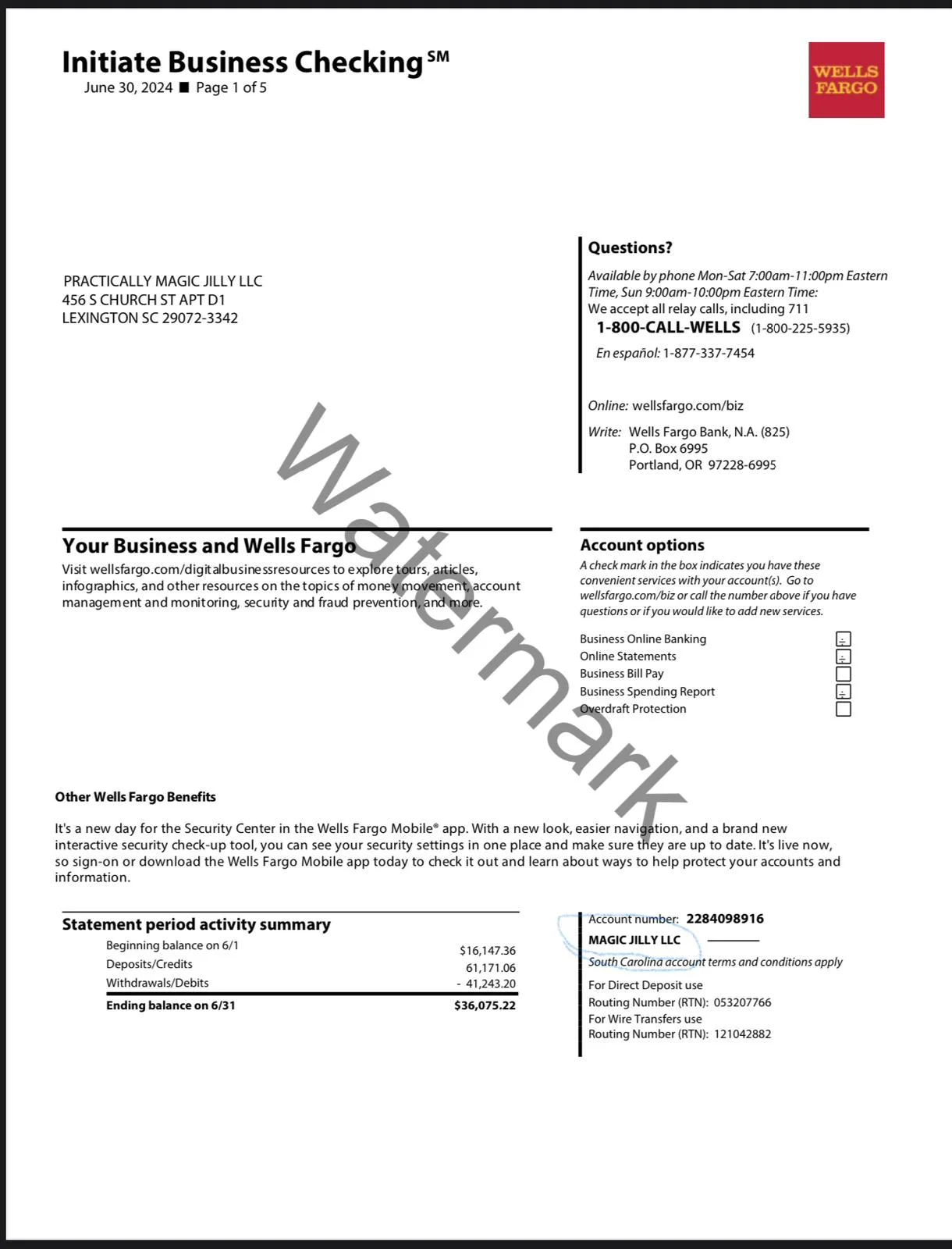 Wells Fargo statement example
